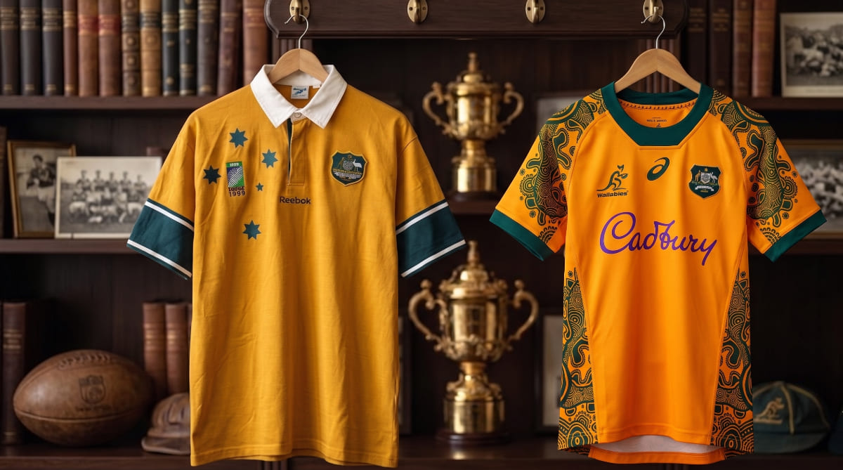 Evolution of Australia Wallabies rugby jerseys, showing a vintage 1999 World Cup Reebok polo jersey with a white collar and Southern Cross on the left, and a modern Asics performance jersey with Aboriginal Indigenous art and Cadbury sponsor on the right, hanging in a historic locker room with trophies and books.