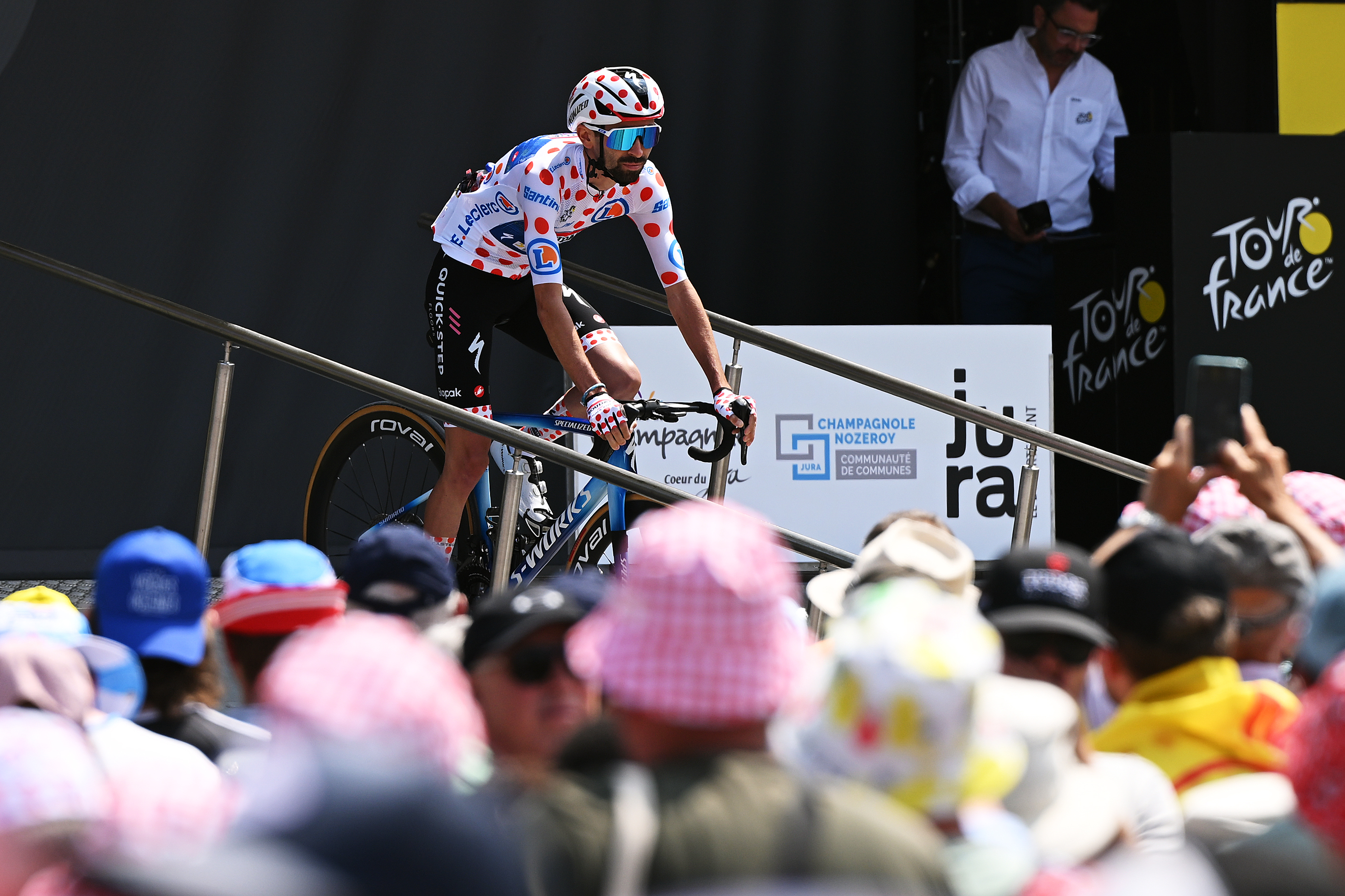 CHAMPAGNOLE, FRANCE - JULY 19: Valentin Paret-Peintre of France and Team Soudal Quick-Step - Polka Dot Mountain Jersey prior to the 113th Tour de France 2026, Stage 15 a 183.9km a 155.3km stage from Champagnole to Plateau de Solaison 1501m / #UCIWT / on July 19, 2026 in Champagnole, France. (Photo by Dario Belingheri/Getty Images)