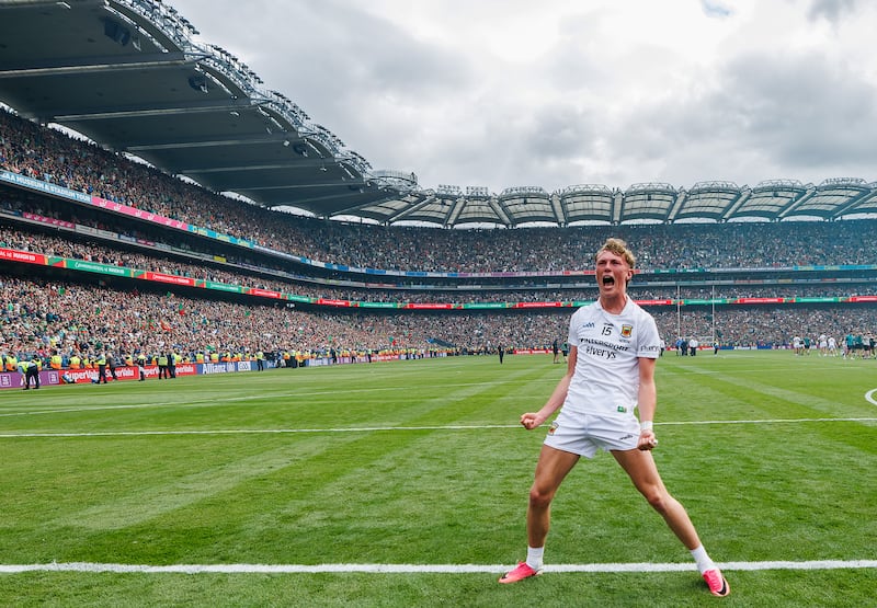 Mayo's Kobe McDonald celebrates after Mayo's All-Ireland final victory over Kerry. Photograph: James Crombie/Inpho