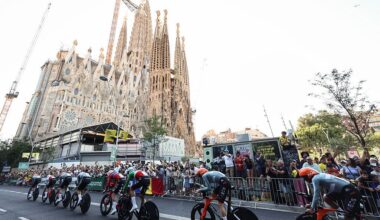 Netcompany Ineos race past the Sagrada Familia church during stage 1 of the 2026 Tour de France