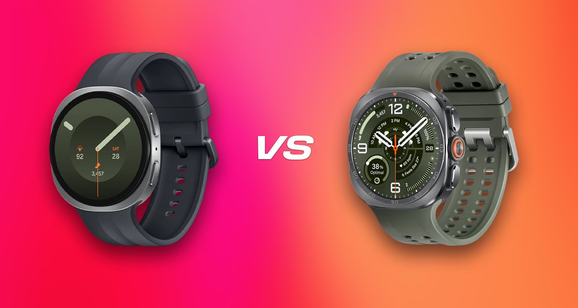 Two smartwatches on a colorful background.