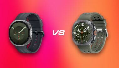 Two smartwatches on a colorful background.