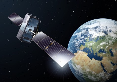An artist’s impression of one of the Galileo satellites in space with the Earth far beneath