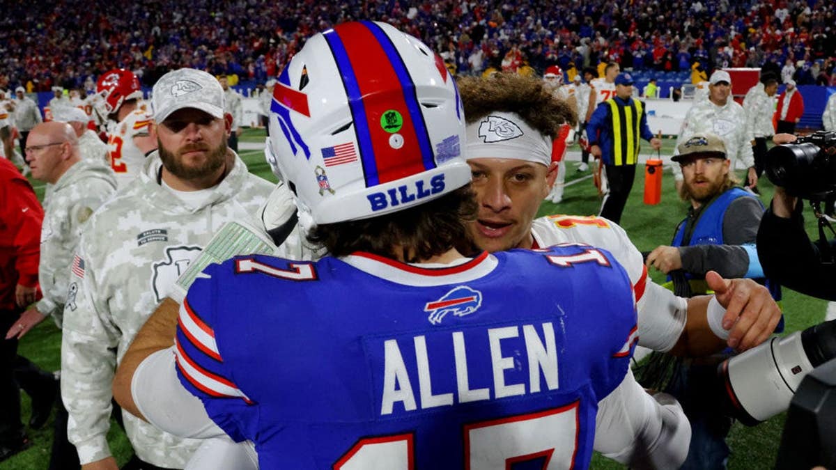 Josh Allen greets Patrick Mahomes after a game at Highmark Stadium.