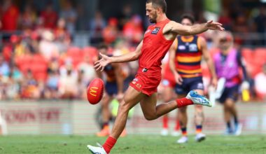 GOLD COAST, AUSTRALIA - APRIL 05: Ben Long of the Suns kicks a goal during the round four AFL match between Gold Coast Suns and Adelaide Crows at People First Stadium, on April 05, 2025, in Gold Coast, Australia. (Photo by Chris Hyde/Getty Images)