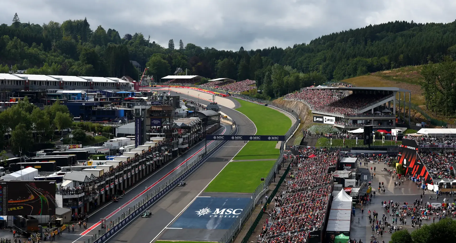 SPA, BELGIUM - AUGUST 28: A general view of the start of the race as cars make their way up Eau