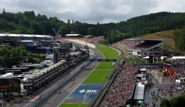 SPA, BELGIUM - AUGUST 28: A general view of the start of the race as cars make their way up Eau