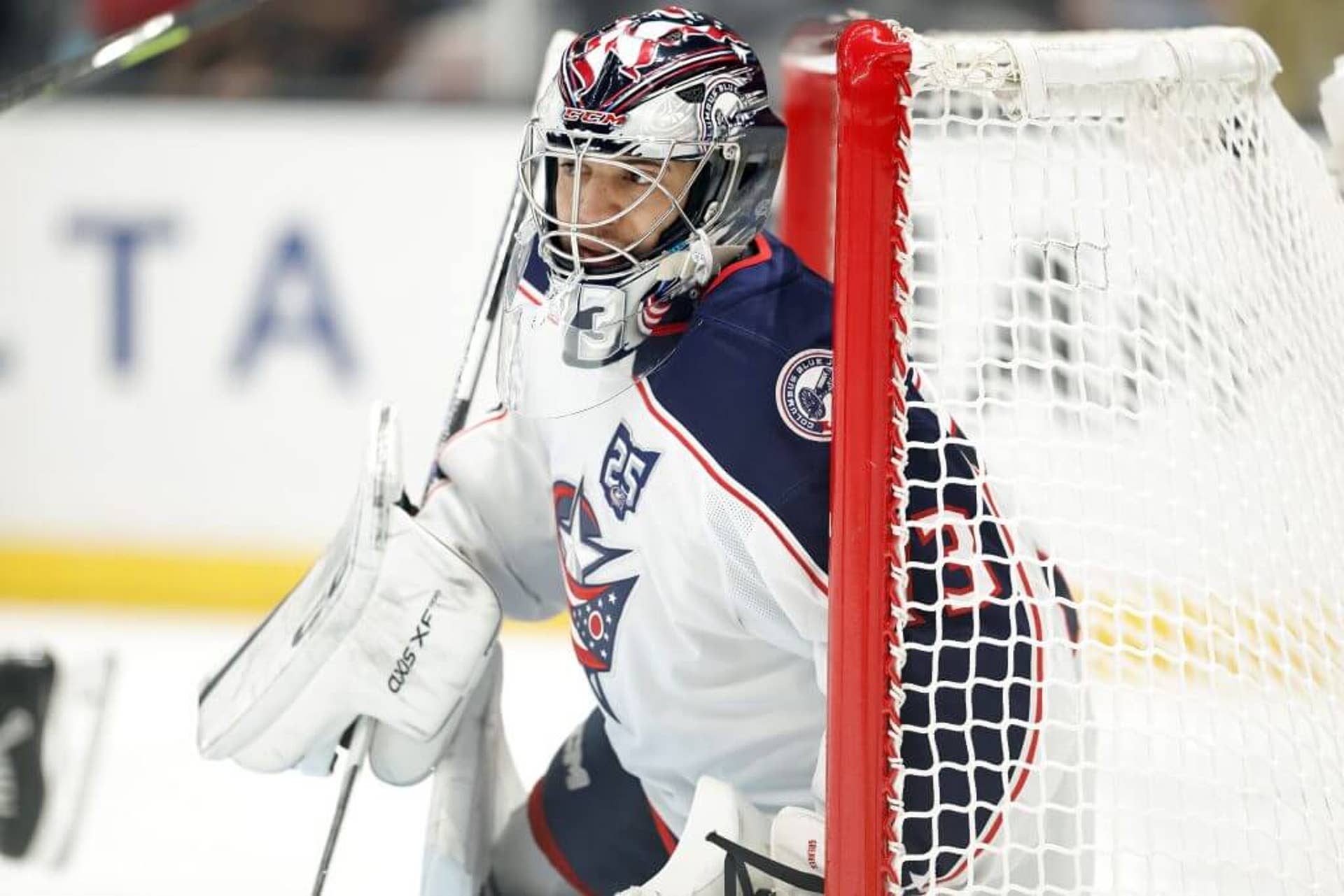 Jet Greaves of the Columbus Blue Jackets defends his goal in a 2025 game against the Los Angeles Kings.