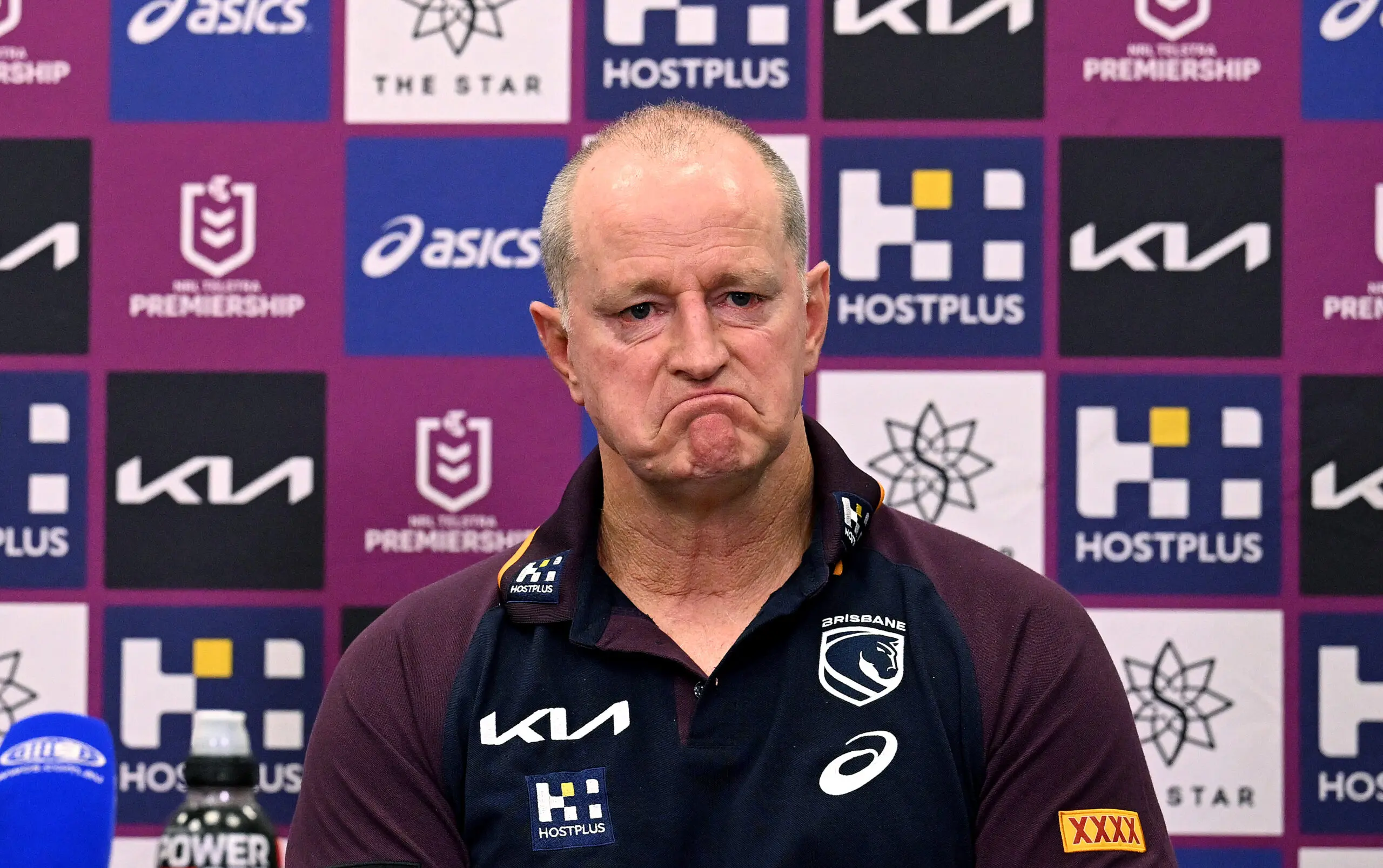 BRISBANE, AUSTRALIA - MARCH 12: Head Coach Michael Maguire of the Broncos looks dejected as he speaks at a post match press conference after the round two NRL match between Brisbane Broncos and Parramatta Eels at Suncorp Stadium, on March 12, 2026, in Brisbane, Australia. (Photo by Bradley Kanaris/Getty Images)
