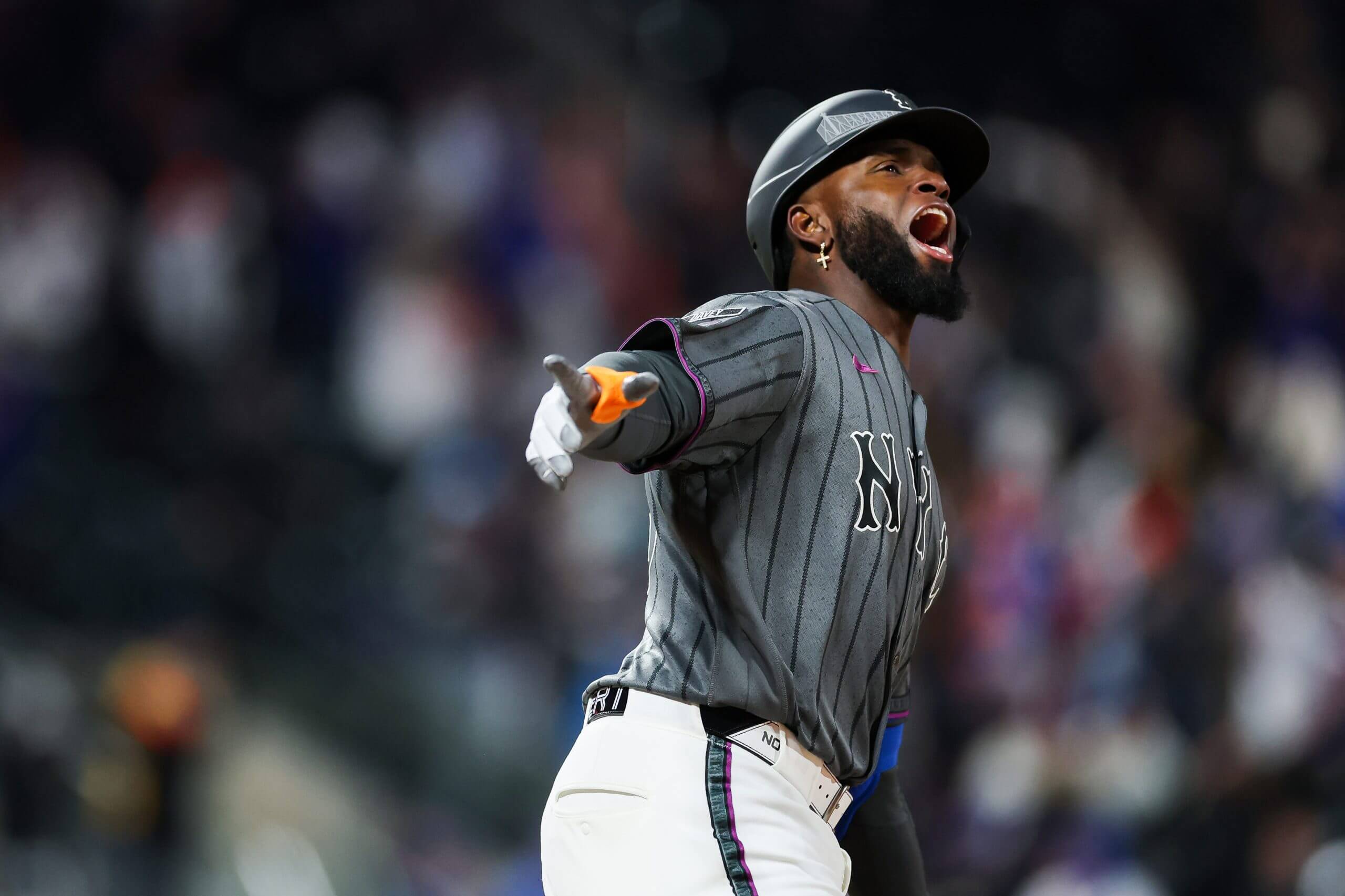 Luis Robert Jr. #88 of the New York Mets reacts to hitting the game-winning home run during the eleventh inning against the Pittsburgh Pirates at Citi Field on March 28, 2026 in the Queens borough of New York City. The New York Mets won 4-2.