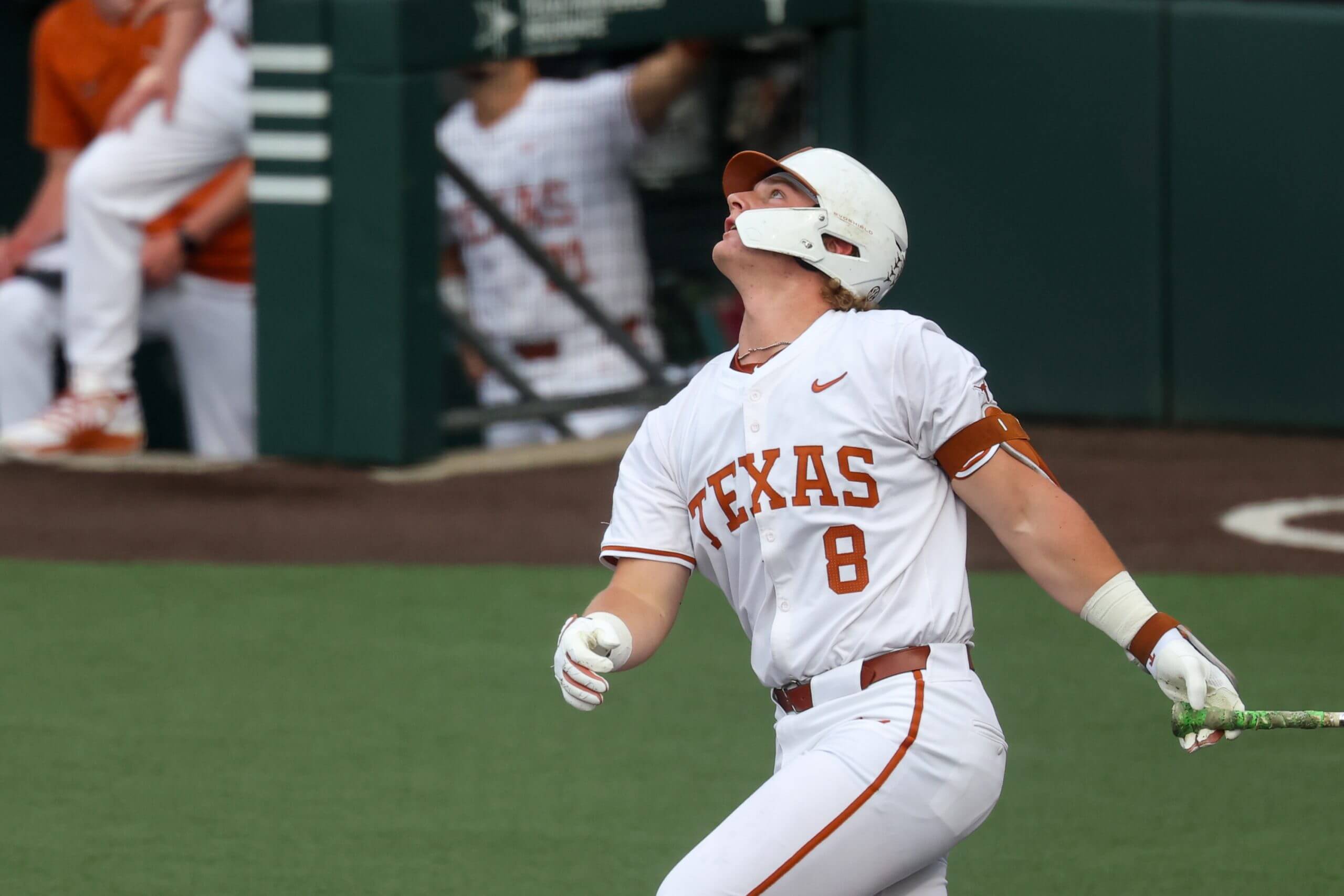 Texas Longhorns catcher Carson Tinney #8 watches a fly ball from the batter's box during the college baseball game between Texas Longhorns and UTSA Roadrunners on May 5, 2026, at UFCU Disch-Falk Field in Austin, TX.