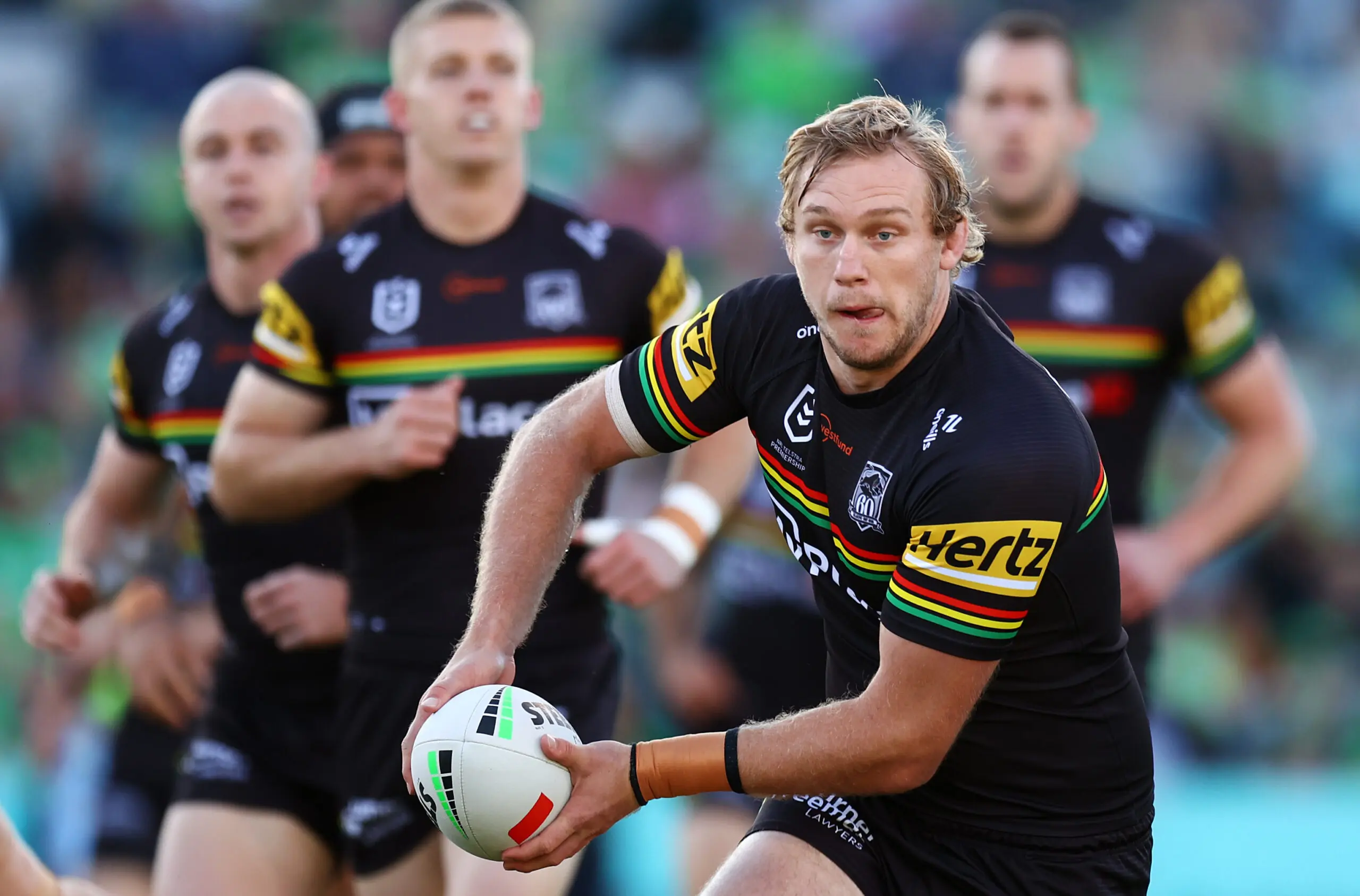 CANBERRA, AUSTRALIA - MAY 10: Lindsay Smith of the Panthers runs the ball during the round 10 NRL match between Canberra Raiders and Penrith Panthers at GIO Stadium, on May 10, 2026, in Canberra, Australia. (Photo by Mark Nolan/Getty Images)