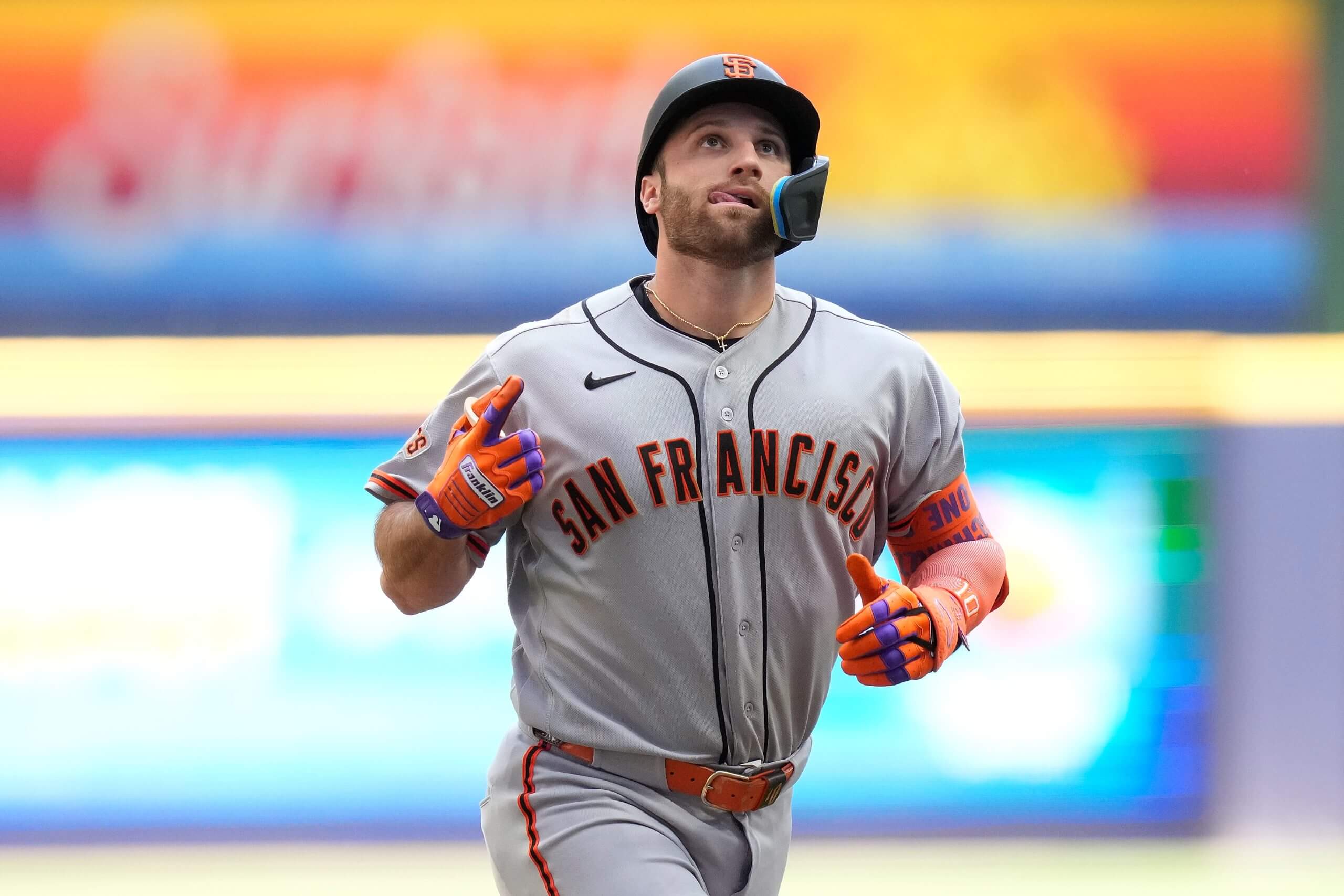 Casey Schmitt #10 of the San Francisco Giants crosses home plate after hitting the first pitch of the game for a solo home run in the first inning against the Milwaukee Brewers at American Family Field on June 04, 2026 in Milwaukee, Wisconsin.