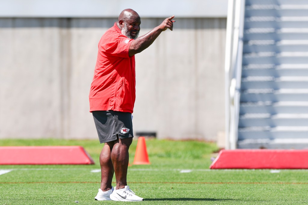 Eric Bieniemy, offensive coordinator of the Kansas City Chiefs, reacts during mandatory minicamp at The University of Kansas Hospital Arrowhead Training Complex on June 09, 2026 in Kansas City, Missouri. 