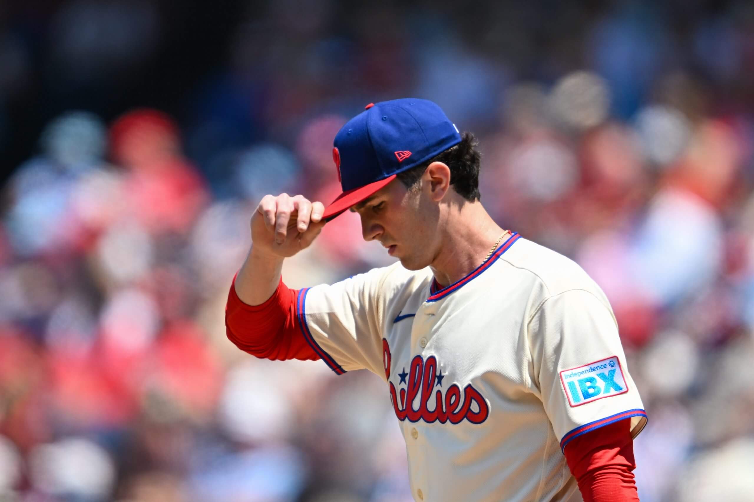 Philadelphia Phillies pitcher Andrew Painter #24 reacts during the game between the Philadelphia Phillies and the Miami Marlins on June 17th, 2026 at Citizens Bank Park in Philadelphia, PA. 