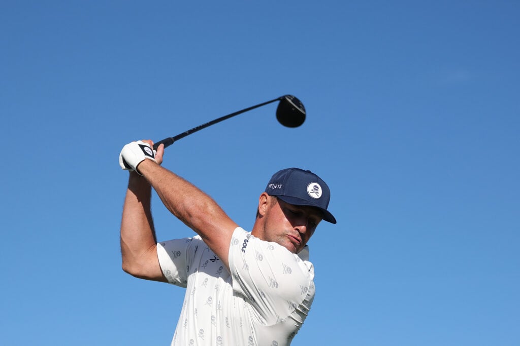 Bryson DeChambeau hits a tee shot during a practice round at Shinnecock Hills ahead of the US Open