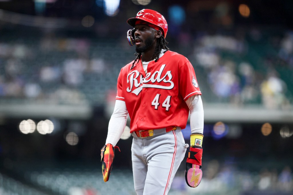 Elly De La Cruz  #44 of the during the Cincinnati Reds looks on game between the Cincinnati Reds and the Milwaukee Brewers at American Family Field on Monday, June 29, 2026 in Milwaukee, Wisconsin.