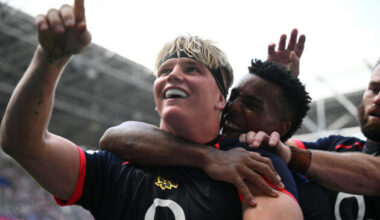 England's Henry Pollock (L) celebrates after scoring the team's tenth try during the Rugby Union Nations Championship match between Fiji and England at Hill Dickinson Stadium in Liverpool on July 11, 2026.