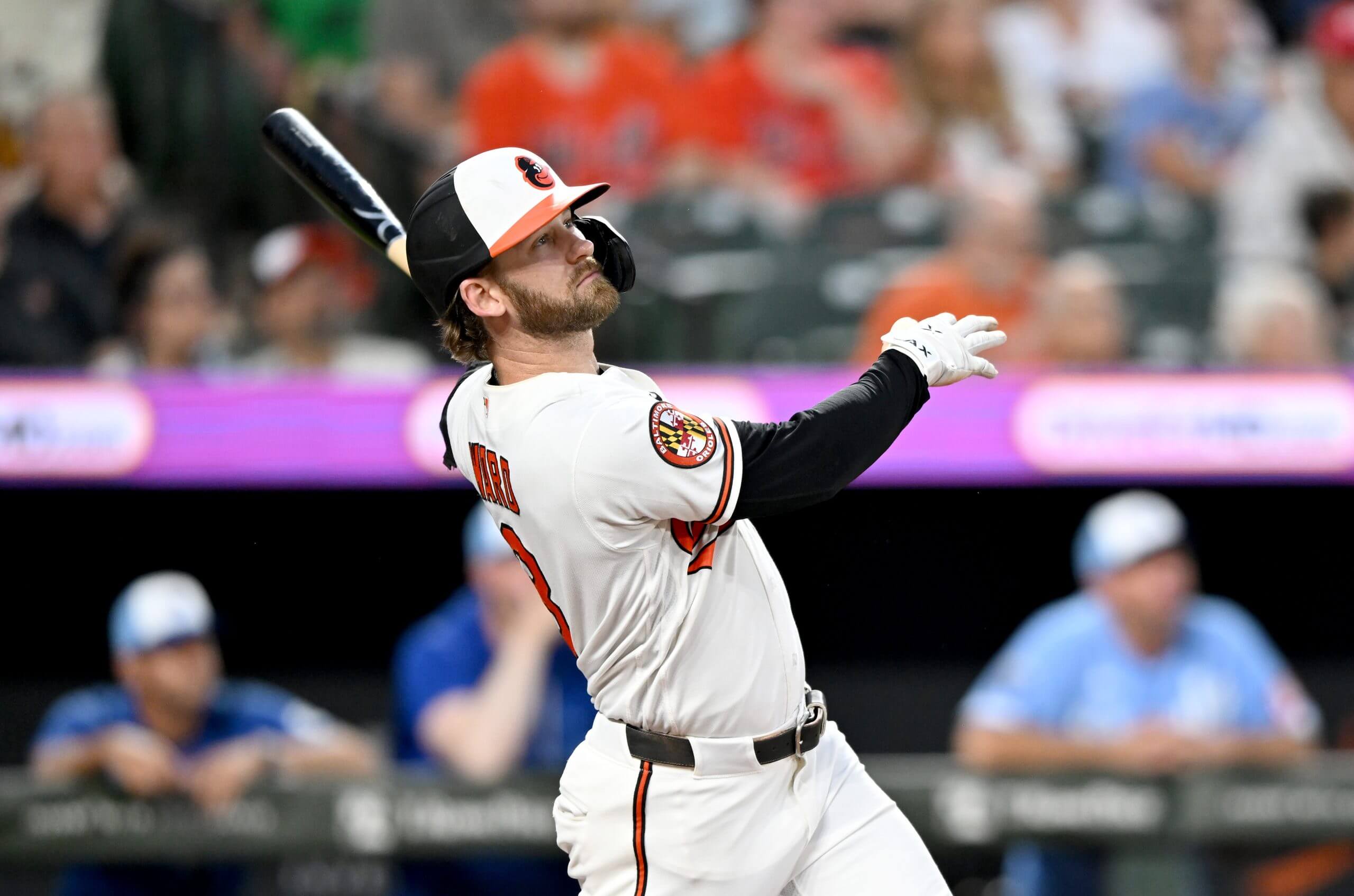 Taylor Ward #3 of the Baltimore Orioles hits a home run in the sixth inning against the Kansas City Royals at Oriole Park at Camden Yards on July 11, 2026 in Baltimore, Maryland.