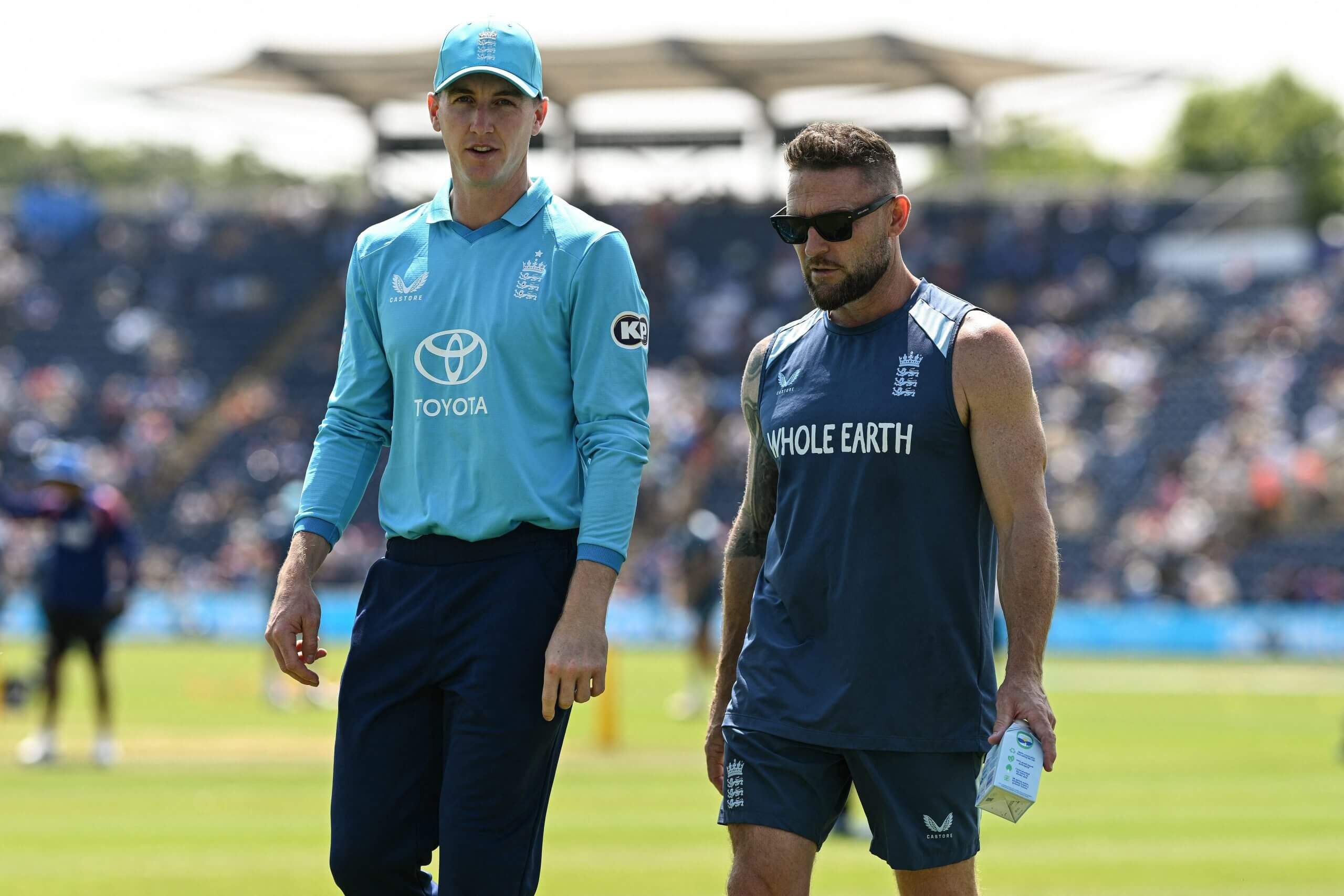 Harry Brook and Brendon McCullum in conversation after completing the warm up ahead of England's ODI against India at Cardiff this month