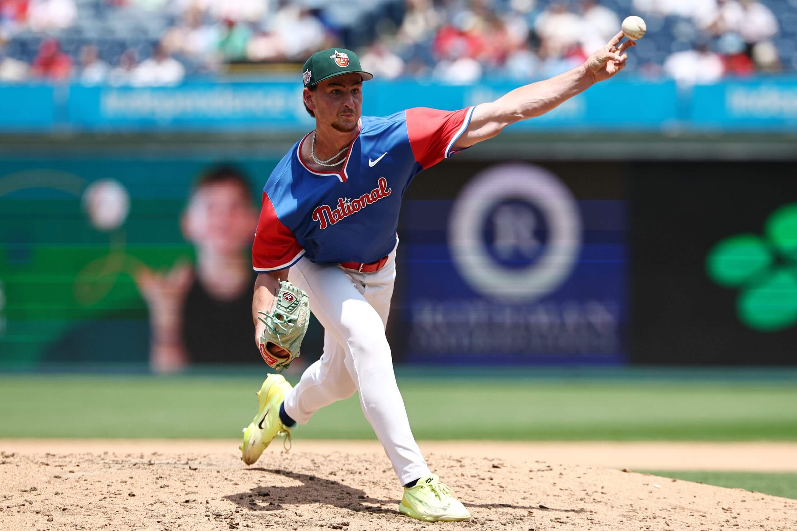 Kash Mayfield #20 of the San Diego Padres on the National League Team pitches during the 2026 MLB Futures Game at Citizens Bank Park on July 12, 2026 in Philadelphia, Pennsylvania.