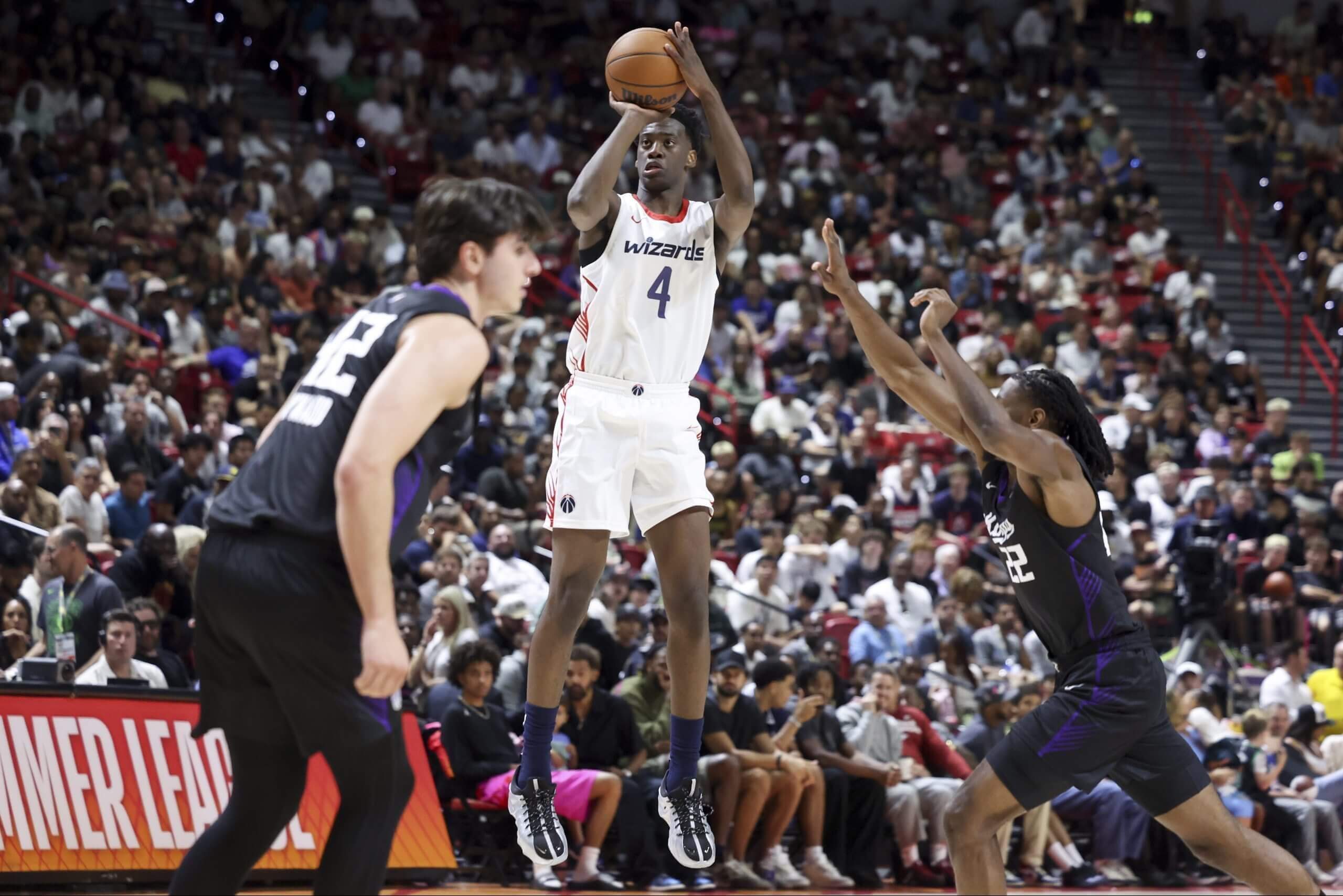 Washington rookie AJ Dybantsa takes a shot during a summer-league game.