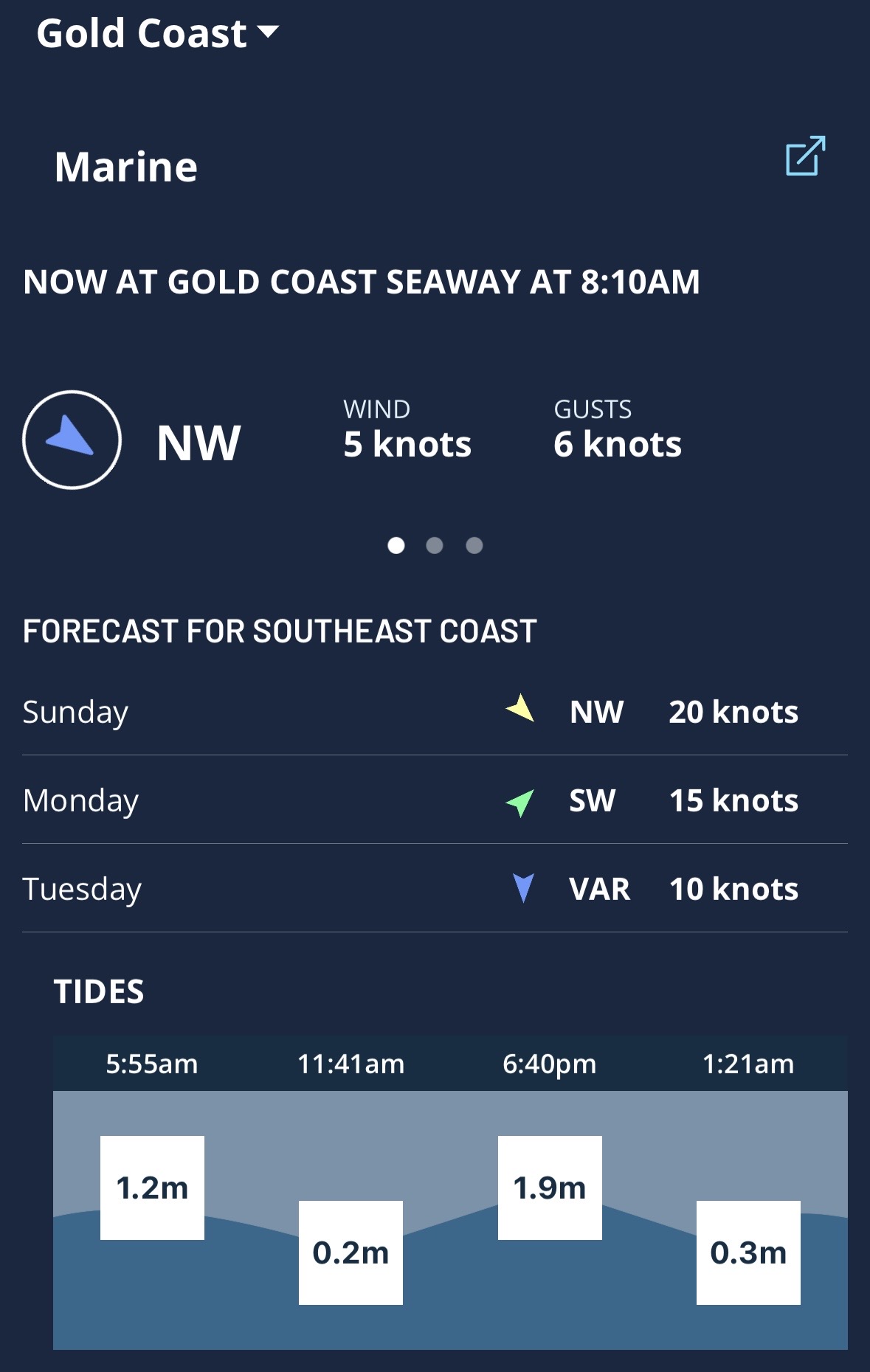 Marine conditions and forecast for the Gold Coast and Southeast Qld Coast on Sunday, July 12, 2026, as seen on the Weatherzone App.