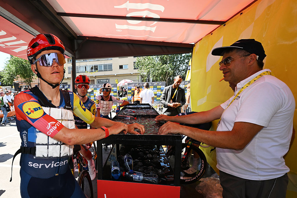 GRANOLLERS, SPAIN - JULY 06: Toms Skujins of Latvia and Team Lidl - Trek refreshes prior to 113th Tour de France 2026, Stage 3 a 195.9km stage from Granollers to Les Angles 1801m / #UCIWT / on July 06, 2026 in Granollers, Spain. (Photo by Tim de Waele/Getty Images)