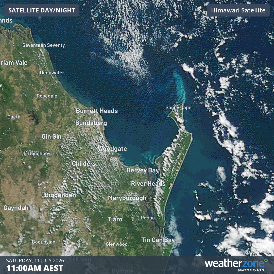 Satellite imagery on Saturday, July 11, 2026 showing clear skies across the Hervey Bay area, perfect for viewing whales. Source: Weatherzone