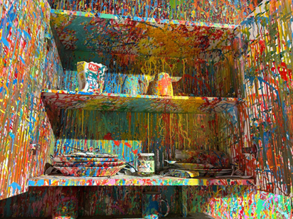 Paint covers shelves, walls and everyday household objects throughout Halaby's House of Colors, blurring the line between art and daily life (Photo: Yael Feldman Shavit) Paint covers shelves, walls and everyday household objects throughout Halaby's House of Colors, blurring the line between art and daily life