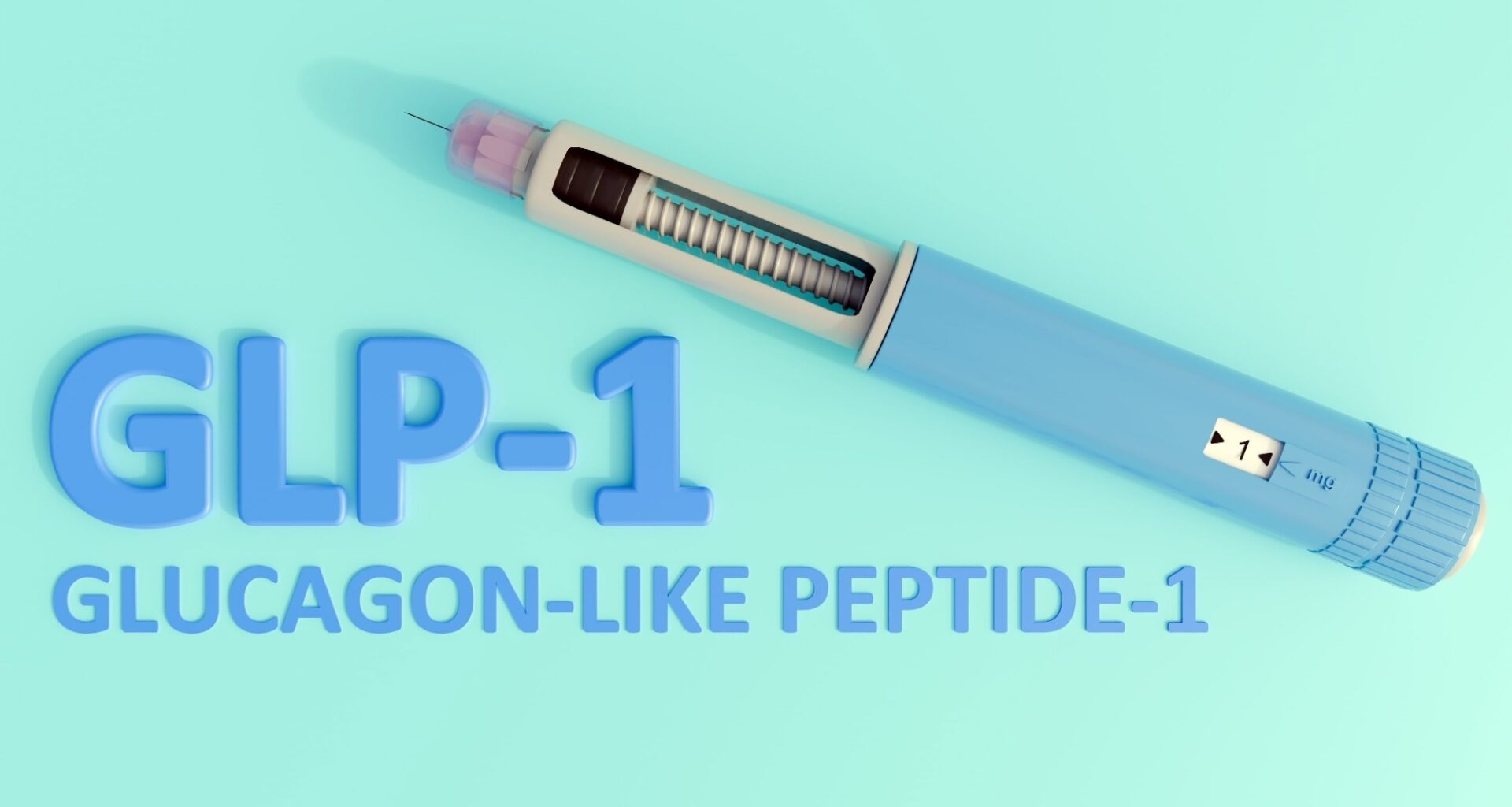 A 3d rendering of pre-filled injection pen, similar to those used for diabetes or weight management medications with letters spell out GLP-1
