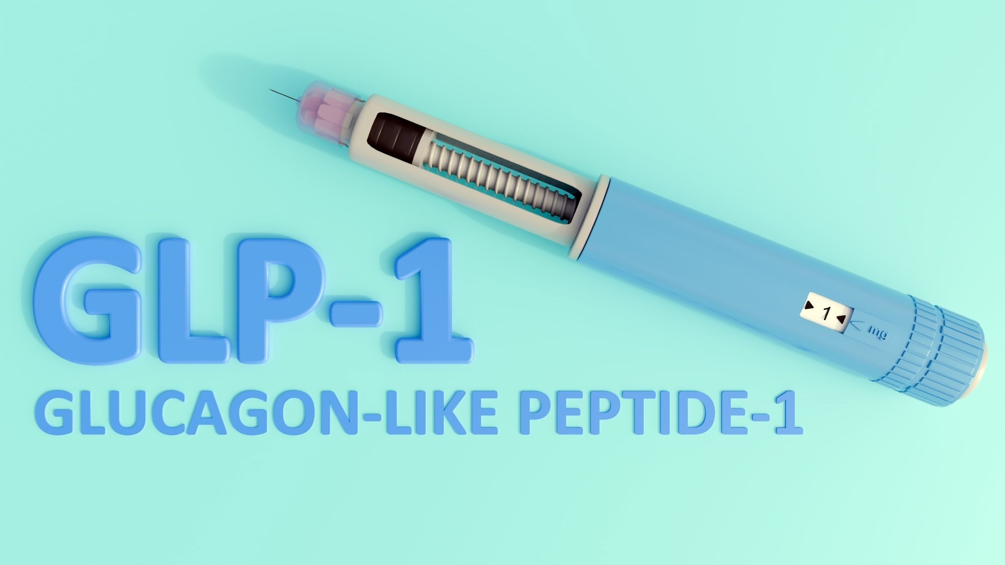 A 3d rendering of pre-filled injection pen, similar to those used for diabetes or weight management medications with letters spell out GLP-1