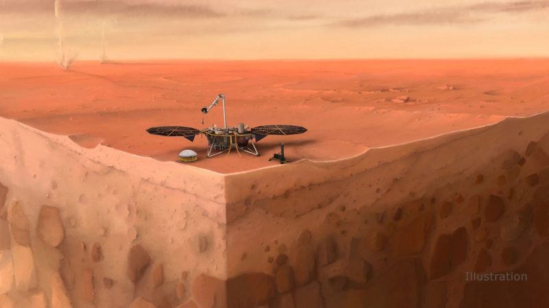 Robotic lander on a planetary surface, with view of layers of rock beneath it in orange colors.
