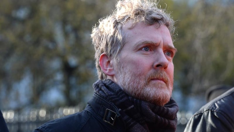Glen Hansard photographed among thousands at a water charges protest in Dublin, 2014. Photo: Brenda Fitzsimons/The Irish Times