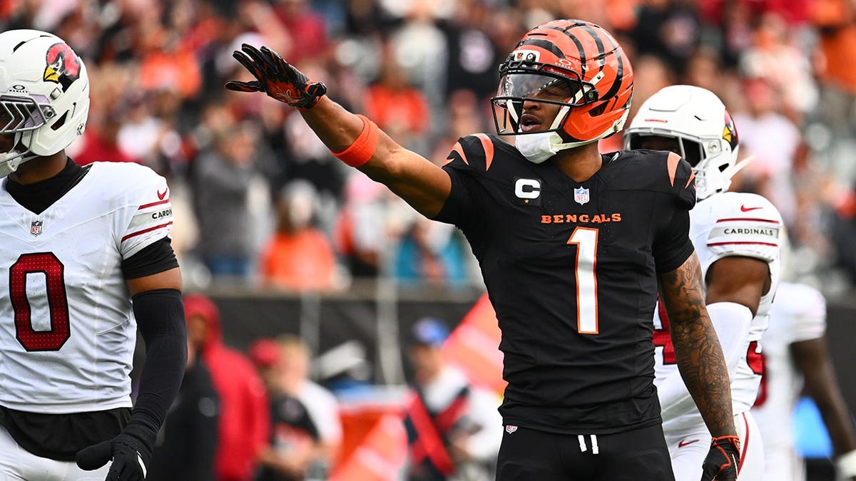Ja'Marr Chase reacts after gaining a first down