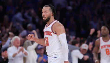 Jun 10, 2026; New York, New York, USA; New York Knicks guard Jalen Brunson (11) reacts in the fourth quarter against the San Antonio Spurs during game four of the 2026 NBA Finals at Madison Square Garden. Mandatory Credit: Brad Penner-Imagn Images