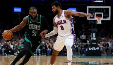 BOSTON, MASSACHUSETTS - APRIL 28: Paul George #8 of the Philadelphia 76ers defends Jaylen Brown #7 of the Boston Celtics during the second half of Game Five of the First Round of the NBA Eastern Conference Playoff at TD Garden on April 28, 2026 in Boston, Massachusetts. (Photo by Maddie Meyer/Getty Images)