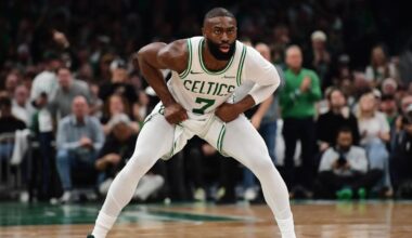 Apr 19, 2026; Boston, Massachusetts, USA; Boston Celtics guard Jaylen Brown (7) on defense in the second half during game one of the first round of the 2026 NBA Playoffs against the Philadelphia 76ers at TD Garden. Mandatory Credit: Bob DeChiara-Imagn Images