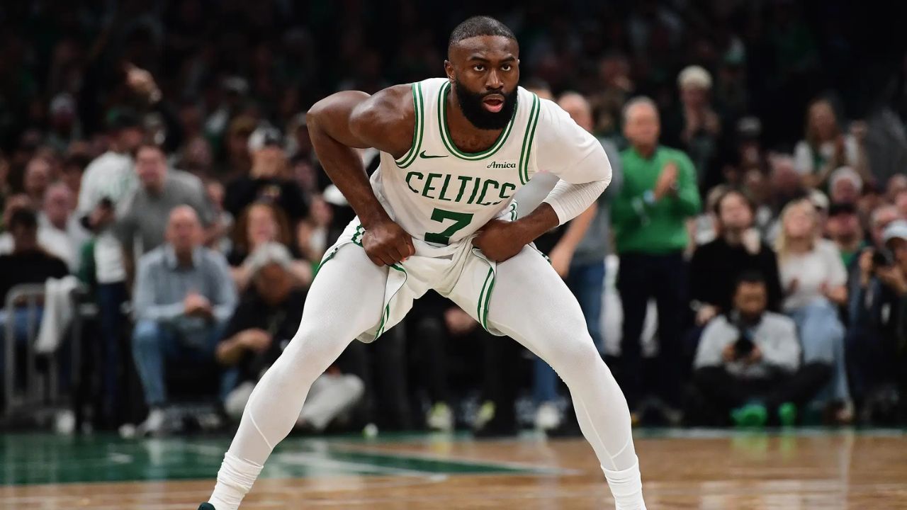 Apr 19, 2026; Boston, Massachusetts, USA; Boston Celtics guard Jaylen Brown (7) on defense in the second half during game one of the first round of the 2026 NBA Playoffs against the Philadelphia 76ers at TD Garden. Mandatory Credit: Bob DeChiara-Imagn Images