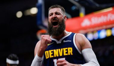 Apr 27, 2026; Denver, Colorado, USA; Denver Nuggets center Jonas Valanciunas (17) reacts after a play in the fourth quarter against the Minnesota Timberwolves during game five of the first round of the 2026 NBA Playoffs at Ball Arena. Mandatory Credit: Isaiah J. Downing-Imagn Images
