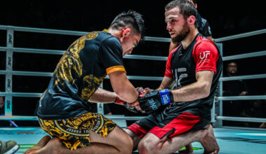 Joshua Pacio and Mansur Malachiev share a moment after their ONE Fight Night 15 battle.