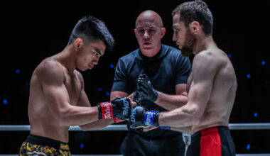 Joshua Pacio and Mansur Malachiev touch gloves before their fight at ONE Fight Night 15