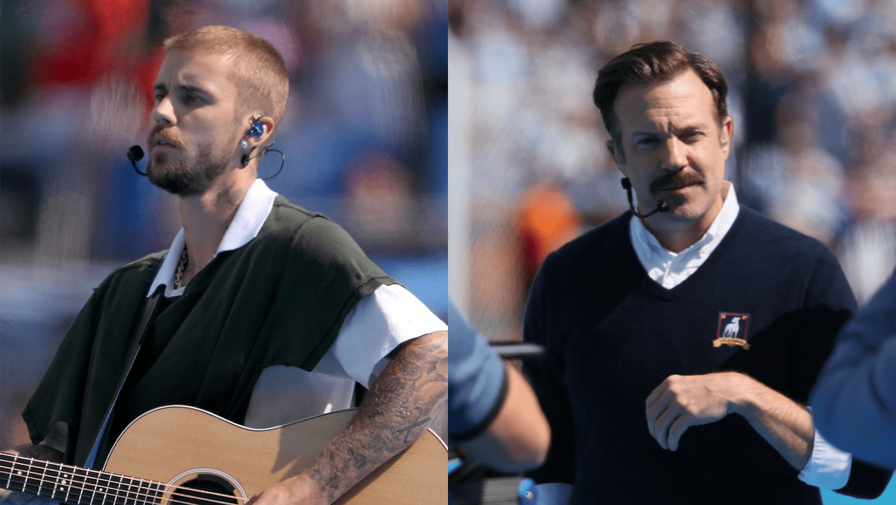 Justin Bieber and Jason Sudeikis as Ted Lasso at the FIFA World Cup Final.