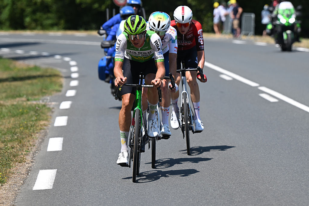 BERGERAC, FRANCE - JULY 11: Jakub Otruba of Czech Republic and Team Caja Rural - Seguros RGA competes in the breakaway during the 113th Tour de France 2026, Stage 8 a 180.4km stage from Perigueux to Bergerac / #UCIWT / on July 11, 2026 in Bergerac, France. (Photo by Dario Belingheri/Getty Images)