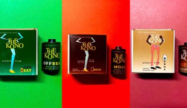 Three sets of The KONO! film boxes and canisters on green, red, and orange backgrounds, each featuring a stylized leg illustration and labeled Offbeat, Mojo, and Bebop.