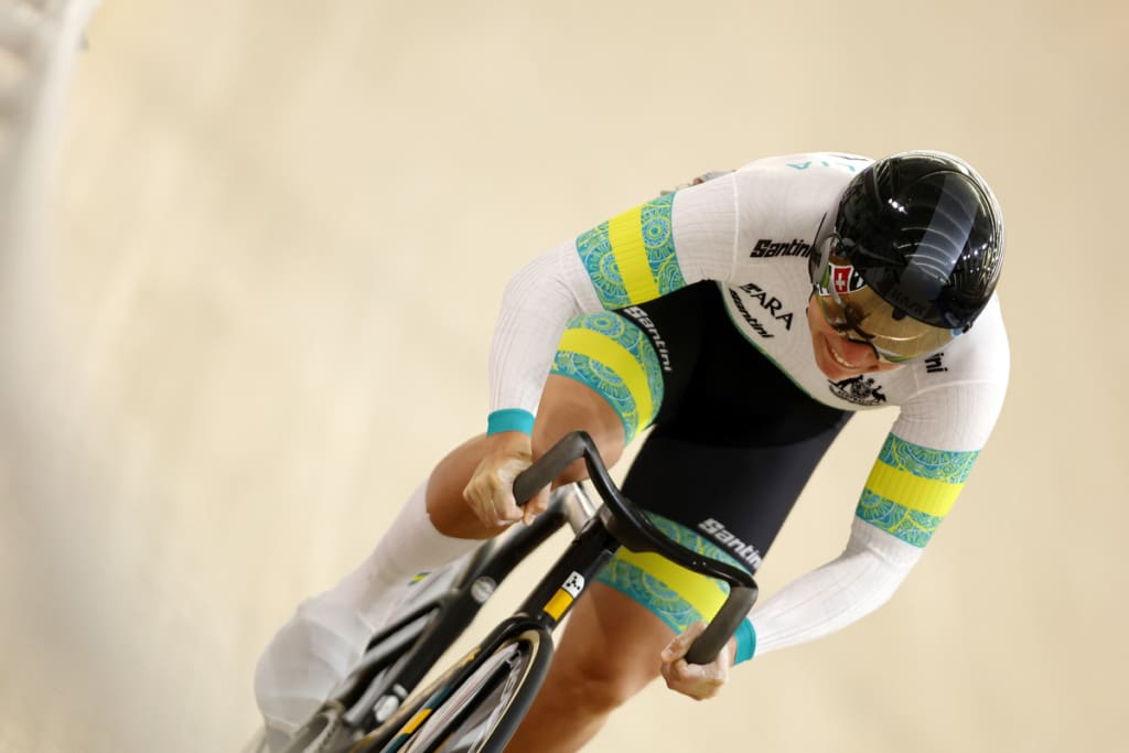 Kristina Clonan during the 2024 Tissot UCI Track Nations Cup at the Adelaide Super-Drome in Adelaide, Saturday, February 3, 2024. (Con Chronis/AusCycling)