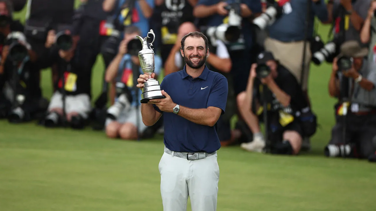 Scottie Scheffler with the Open trophy after winning at Royal Portrush