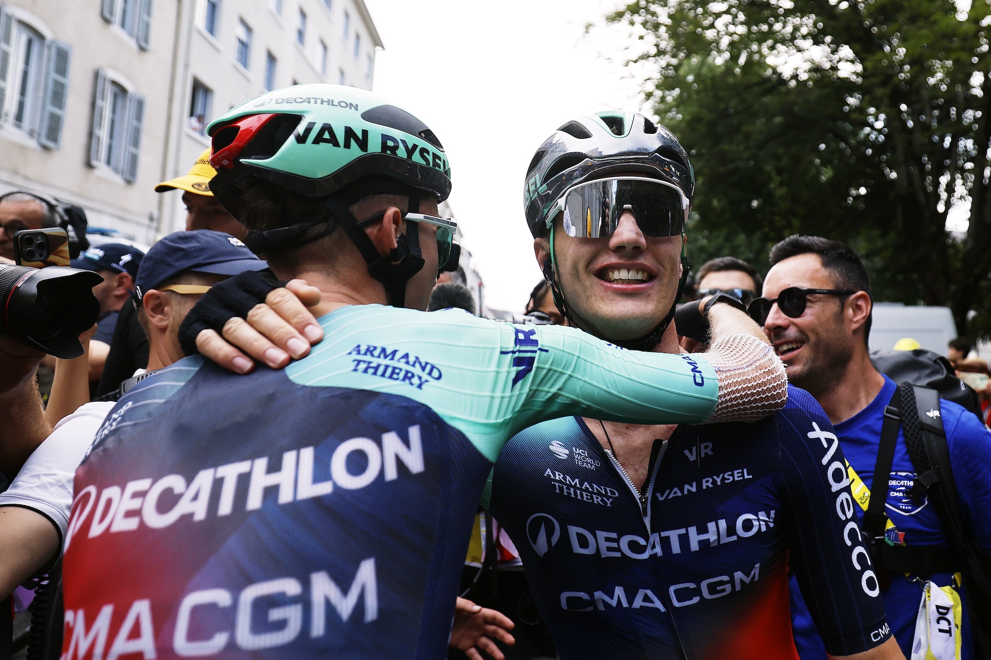 PAU, FRANCE - JULY 08: (L-R) Paul Seixas of France and stage winner Olav Kooij of Netherlands and Decathlon CMA CGM Team reacts after the 113th Tour de France 2026, Stage 5 a 158.3km stage from Lannemezan to Pau / #UCIWT / on July 08, 2026 in Pau, France. (Photo by Guillaume Horcajuelo - Pool/Getty Images)