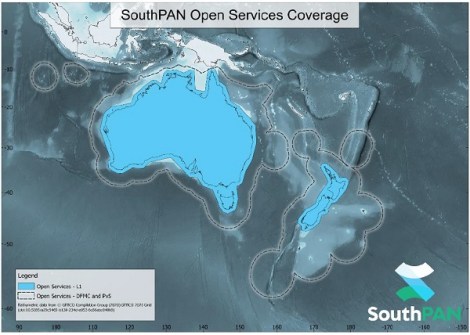 A map of Australia and New Zealand, with areas highlighted where SouthPAN coverage is available
