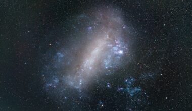 A galaxy with stars and colorful clous of gas.
	  The background is a dark field of stars.